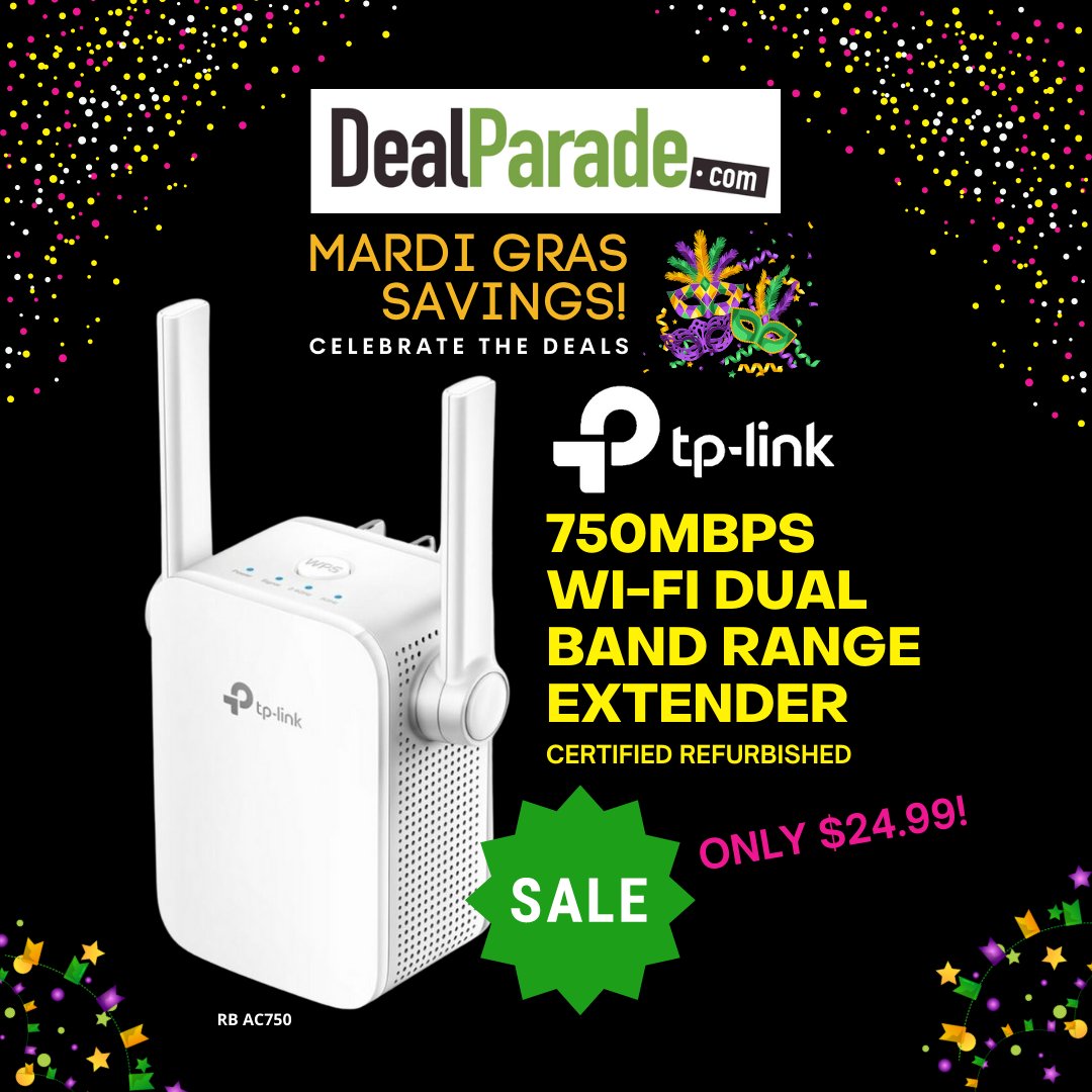 DealParade's tweet image. Let the good times roll!  Celebrating #MardiGras all week long on DealParade.com. Don't miss the latest deal $24.99 for TP Link Wi-Fi Range Extender 750 MBps, on sale all this week. #wifi #network #connectivity #internet