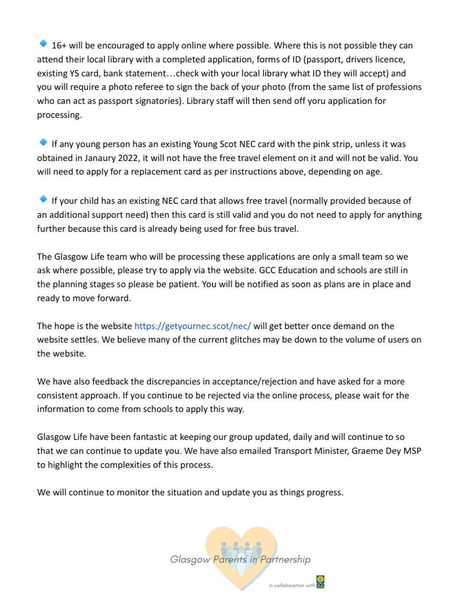 An update on the NEC Bus Pass taken from Glasgow City Parents Group Facebook page

#freebustravel #nec