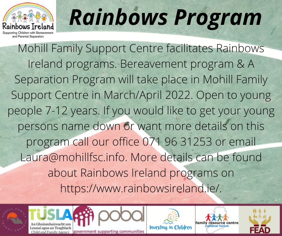 MohillFSC's tweet photo. Rainbows Program
#Rainbows 
#Bereavement
#separation
#FamilySupport
#RainbowsIreland
#Mohill
#Leitrim https://t.co/vxbIUQQXae