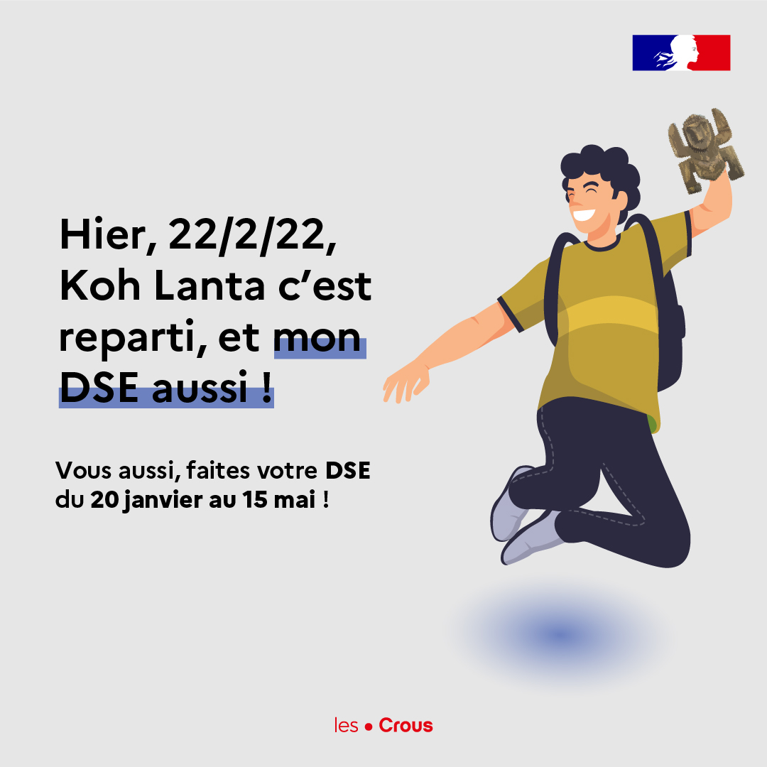 etudiantgouv's tweet photo. Vous aussi, faites (ou refaites) votre DSE du 20 janvier au 15 mai !
👉Pour saisir votre DSE, rendez-vous sur https://t.co/j1V8valNsO
Des questions ? Rdv sur notre FAQ : https://t.co/ju5tlT7SiG
#faitesvotreDSE #crousbourse #crouslogement #DSE #Crous #parcoursup https://t.co/QrirjiKKUq