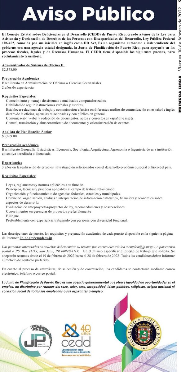 CEDDPR's tweet photo. *AVISO PÚBLICO PARA EMPLEO* -Administrador de Sistema de Oficina II - $2,378.00.
-Analista de Planificación Senior
$3,269.00.
Enviar resume al email empleo@jp.pr.gov . Desde 19 febrero 22 hasta 28 febrero 22.
Mas información aquí: https://t.co/er0ARsr6ew