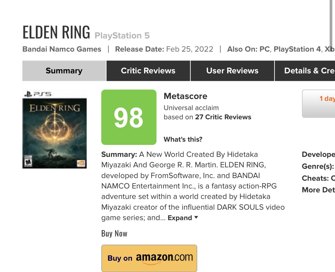 What is Elden Ring's review score on metacritic?