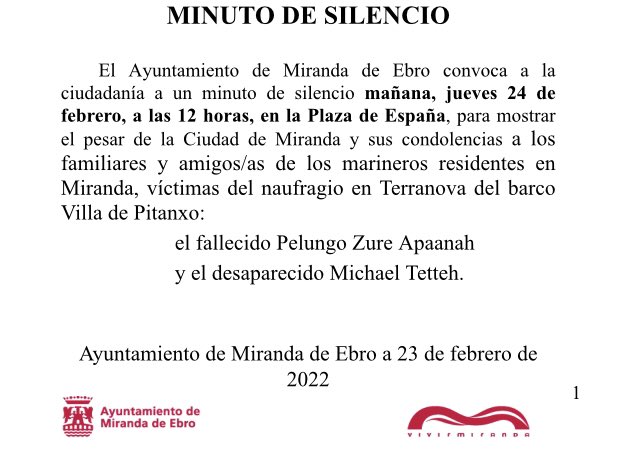 El Ayuntamiento realizará mañana a las 12h. un minuto de silencio en la Plaza de España para mostrar el pesar y sus condolencias a los familiares y amigos de los marineros residentes en Miranda víctimas del naufragio en #Terranova. 
#mirandadeebro #vivemiranda