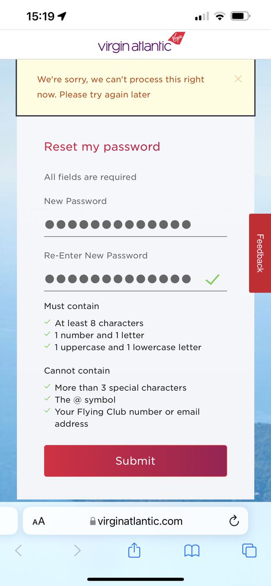 princessroyle27's tweet photo. @VirginAtlantic I can’t reset my flying club password I keep getting an error message. https://t.co/WZTLXC00gy
