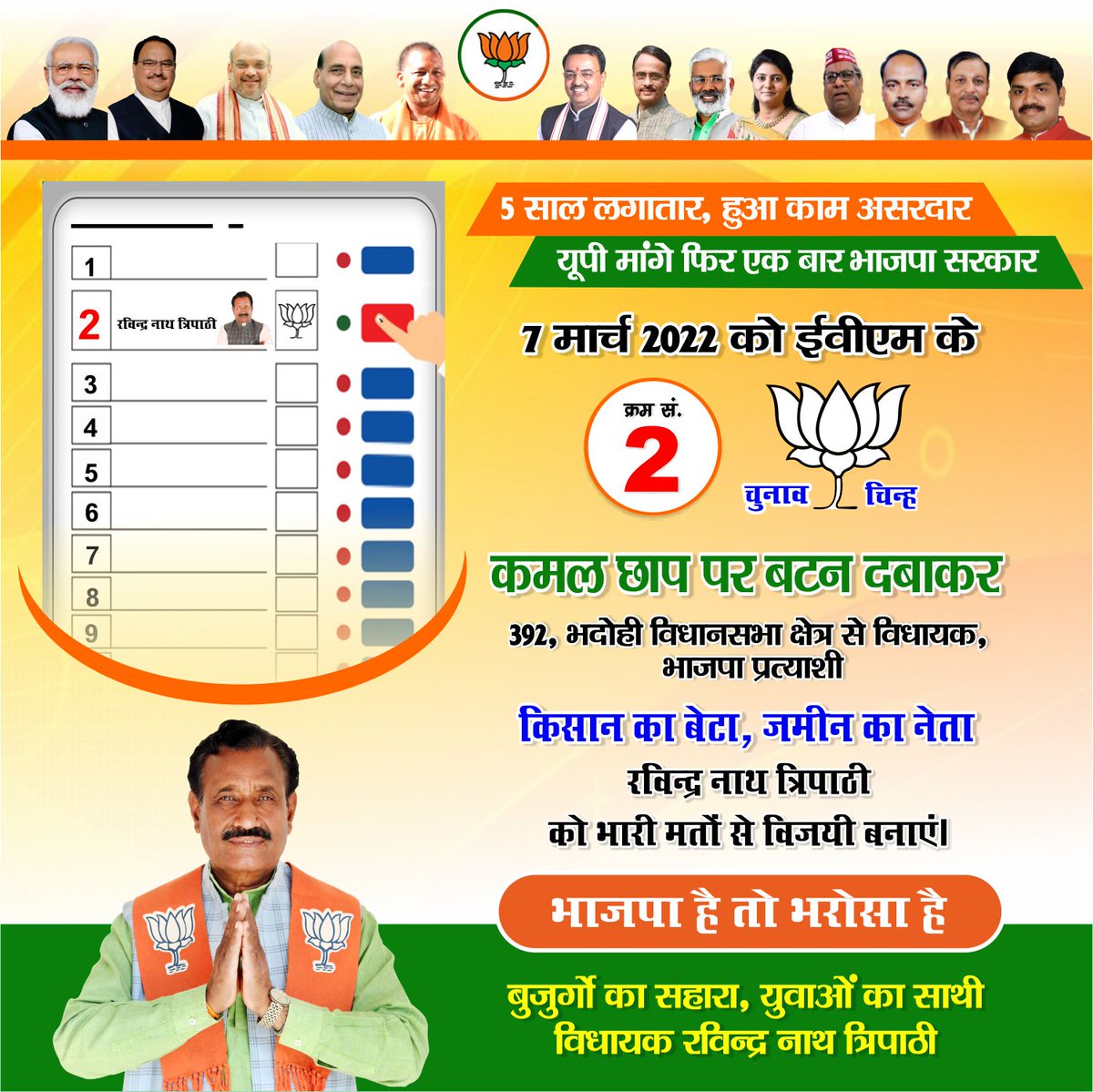 Ravindranathbjp's tweet photo. 7 मार्च 2022 को ईवीएम के क्रम संख्या 2 कमल छाप पर बटन दबाकर 392, भदोही विधानसभा क्षेत्र से एक बार फिर मुझे आशीर्वाद देकर भारी मतों से विजयी बनाएं। 
@Bjp4Bhadohi
@BJP392Bhadohi
 #जनता_की_पुकार #यूपी_मांगे_भाजपा_सरकार #जन_जन_का_साथी #विधायक_रविन्द्र_नाथ_त्रिपाठी https://t.co/pbxOKeUMbm