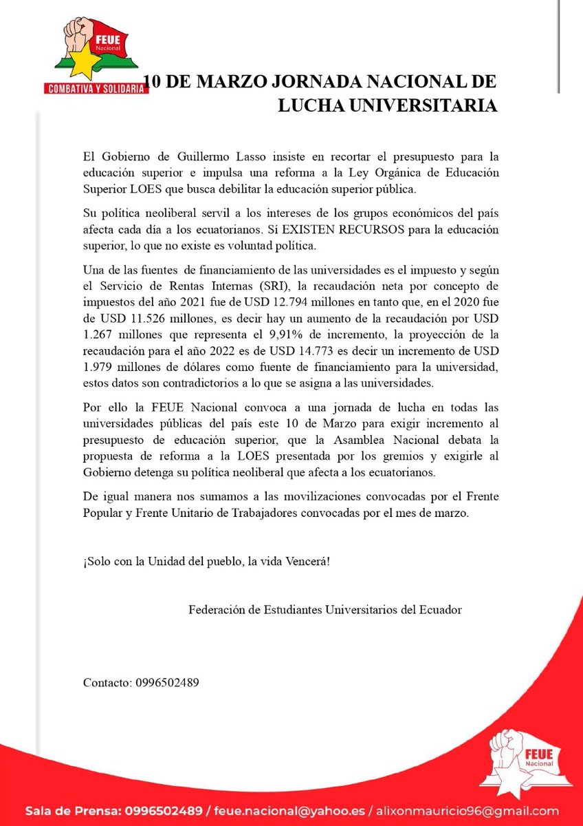 #Comunicado

Desde la FEUE Nacional convocamos a la jornada nacional de lucha universitaria en defensa del presupuesto Universitario.

Por una reforma democrática a la Ley Orgánica de Educación Superior.