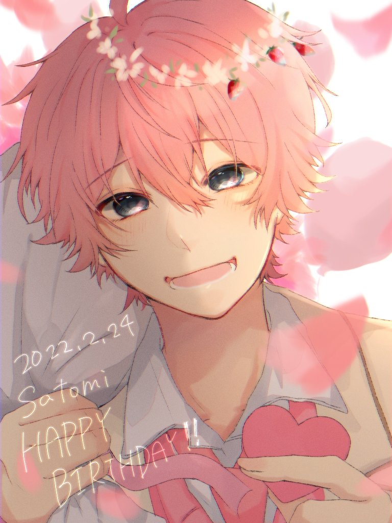 1boy male focus pink hair smile open mouth looking at viewer blush  illustration images