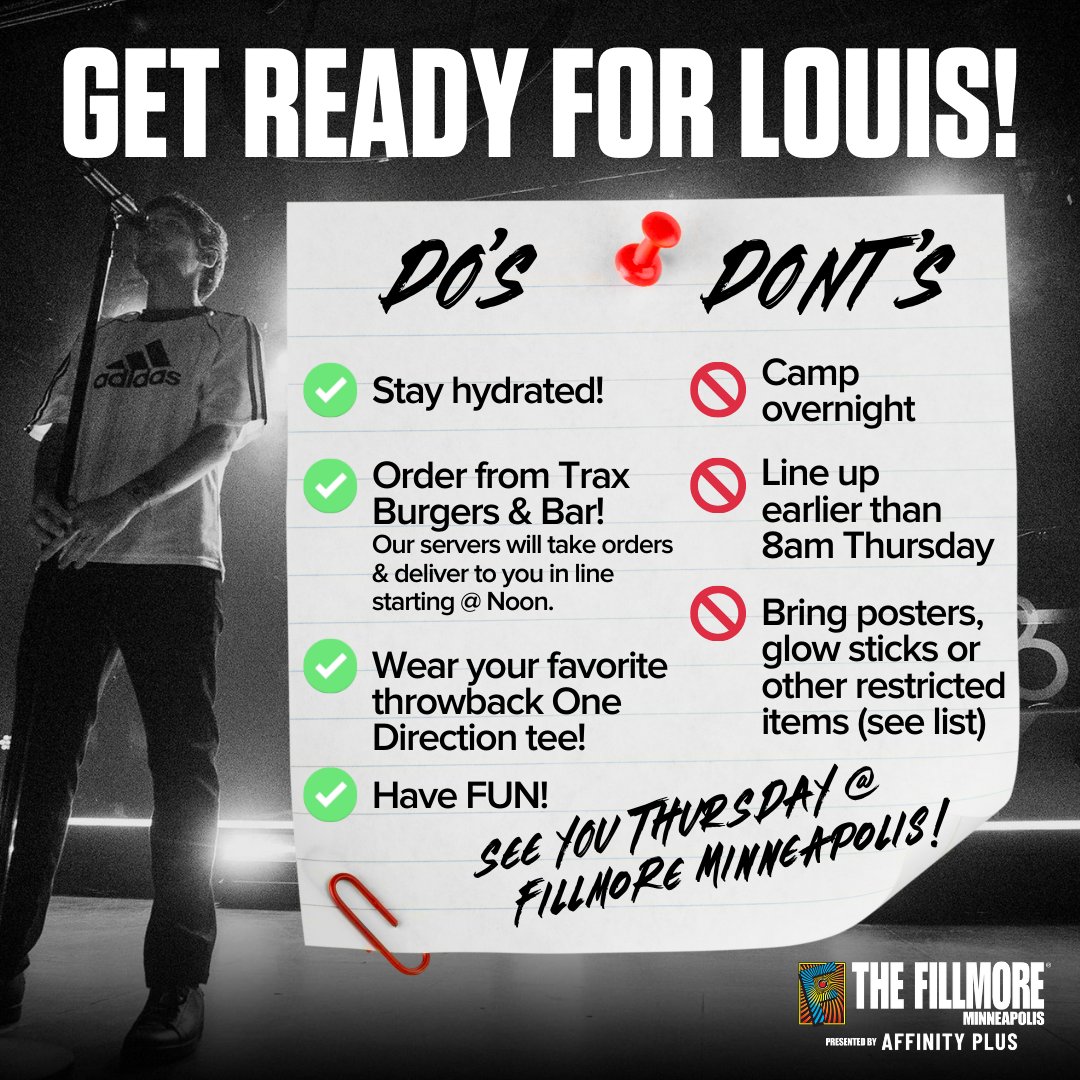 The Fillmore MPLS presented by Affinity Plus on Twitter: are so excited for Louis Tomlinson tomorrow 🎉 Here are a few tips to keep in mind so that everyone stays