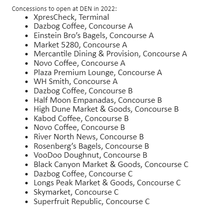 cprwarner's tweet image. Maria Empanada, VooDoo Doughnut, Tocabe, and Rosenberg's Bagels are among the concessionaires coming to @DENAirport this year and next. One caveat: "Locations and opening dates may change as design &amp;amp; construction are determined."