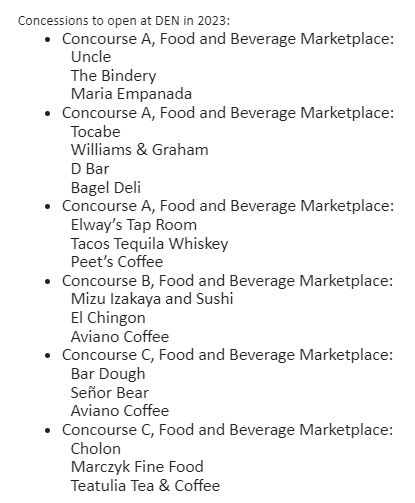 cprwarner's tweet image. Maria Empanada, VooDoo Doughnut, Tocabe, and Rosenberg's Bagels are among the concessionaires coming to @DENAirport this year and next. One caveat: "Locations and opening dates may change as design &amp;amp; construction are determined."