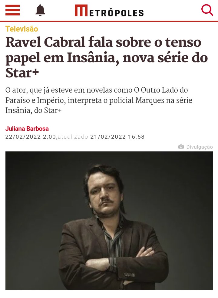 Matéria do site <a href="/Metropoles/">Metrópoles</a> - com o ator #ravelcabral - sobre a série "Insânia" onde interpreta o policial Marques.
Episódios disponíveis no Star+ #starplus

Leia o texto completo:

metropoles.com/entretenimento…

#vgiagentes