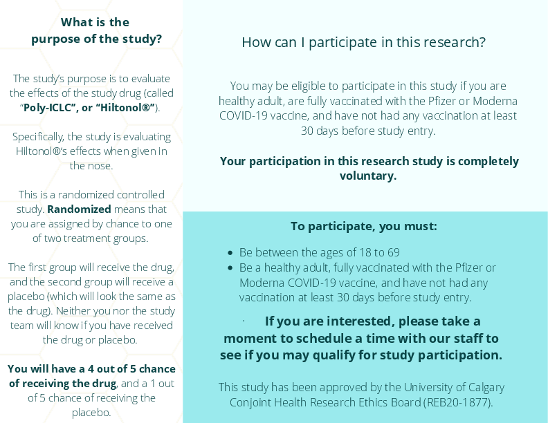 Join this COVID-19 Treatment Prevention Study at the University of Calgary! #universityofcalgarymedicine #hiltonol #COVID19 #polyiclc #Calgary #clinicaltrial