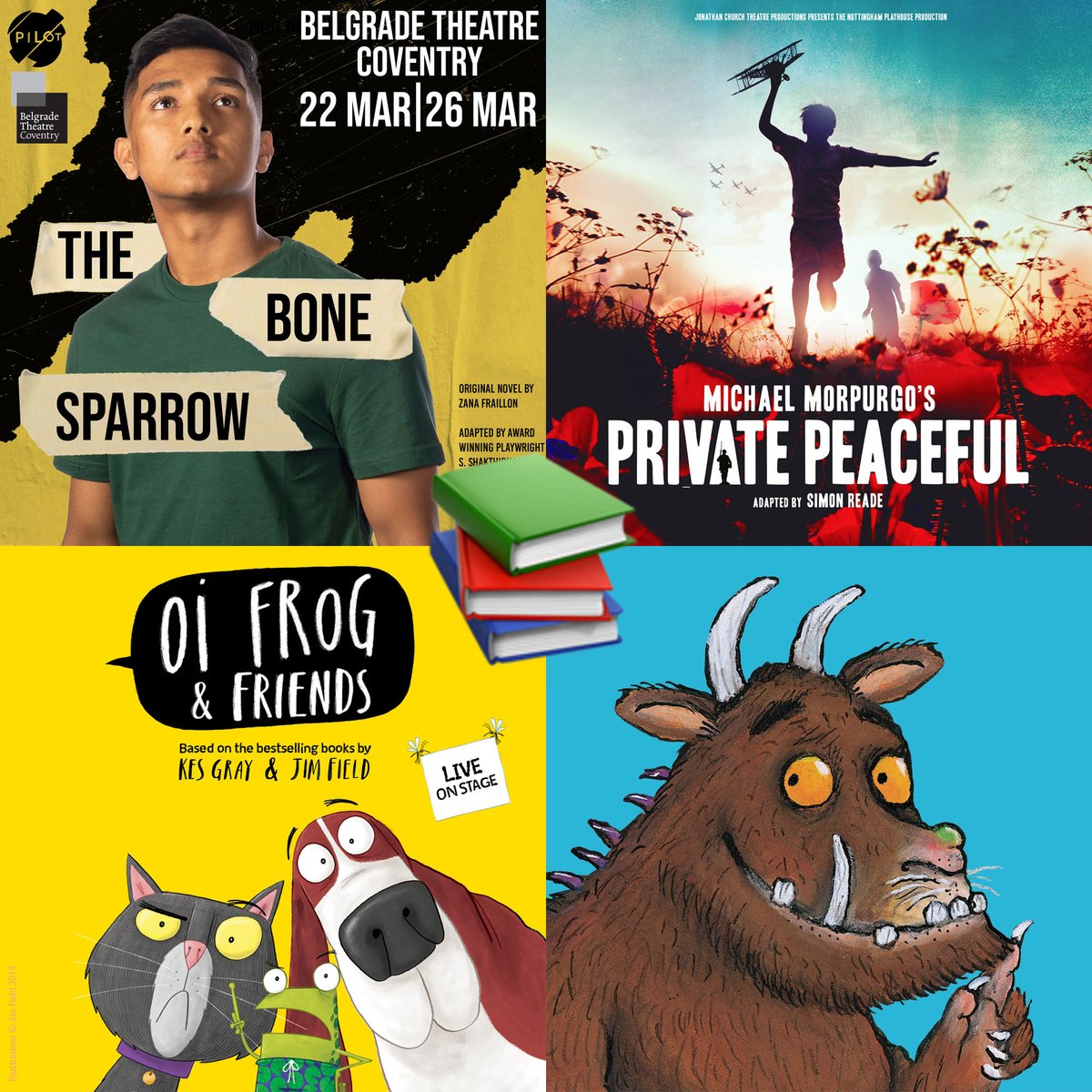 It's #WorldBookDay 📚

We've got something for everyone this season, with adaptations of Zana Fraillon's #TheBoneSparrow, @privpeacestage, @oifroglive and @TheGruffaloLive ✨

Book your tickets now: bit.ly/3Ij93WM