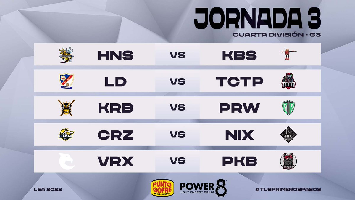 LEAmateur_'s tweet photo. Enfrentamientos 4ª División Grupo 3 J3

@HornetsFive  ⚔️ @KillerBeans_LoL 
@LinaresEsports ⚔️ @ToCryToThePark2 
@budo_koryu ⚔️ @PriorityEC 
@CierzoEsports ⚔️ @nixgamingclub 
@VrinxGaming ⚔️ @Pickbulls

#TusPrimerosPasos https://t.co/eHkIMMTcMc