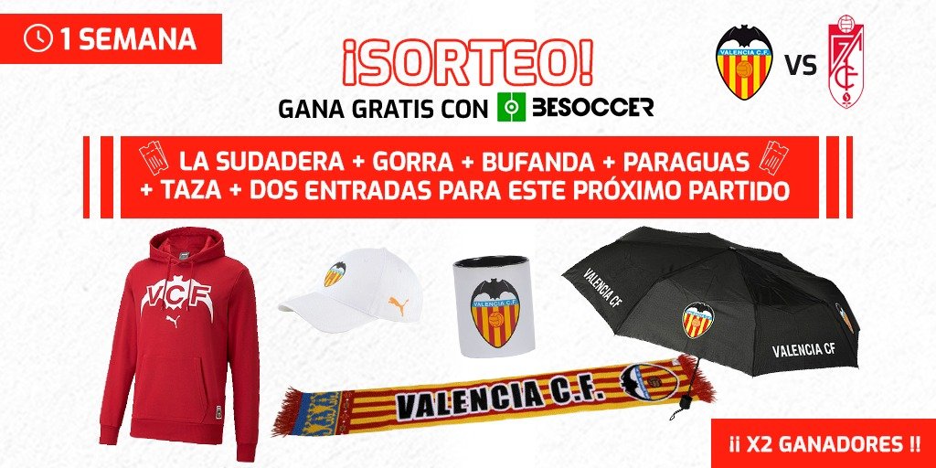 BeSoccerTeam's tweet photo. 🎁NUEVO SORTEO🎁

¡Consigue una gama de artículos del @valenciacf !

Ganador 1➡️ Sudadera+ 2 entradas 🆚 @GranadaCF 
Ganador 2➡️ Gorra, taza, paraguas y bufanda.

Pasos 📌

1: Sigue a @besoccer_ES y @BeSoccerTeam 
2: RT
3: Comenta tu talla

Límite 1 semana ⌛️

¡Suerte🍀!

#sorteo https://t.co/LaAHNpBBum
