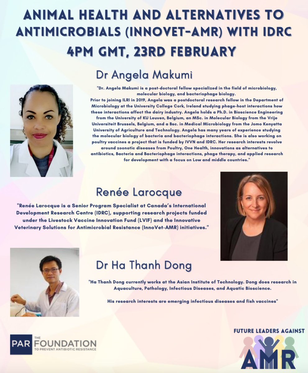 GovettAnna's tweet photo. Today's #FutureLeadersAgainst AMR lecture will be by @Livestock_IDRC's @Larocque_Ren on #InnoVet-AMR, looking at animal health and the alternatives to antimicrobials. We will also hear from Dr Angela Makumi and Dr Ha Thanh Dong! Excited to hear about this work and thank you!!💊🦠 https://t.co/ze3qe2MGSS