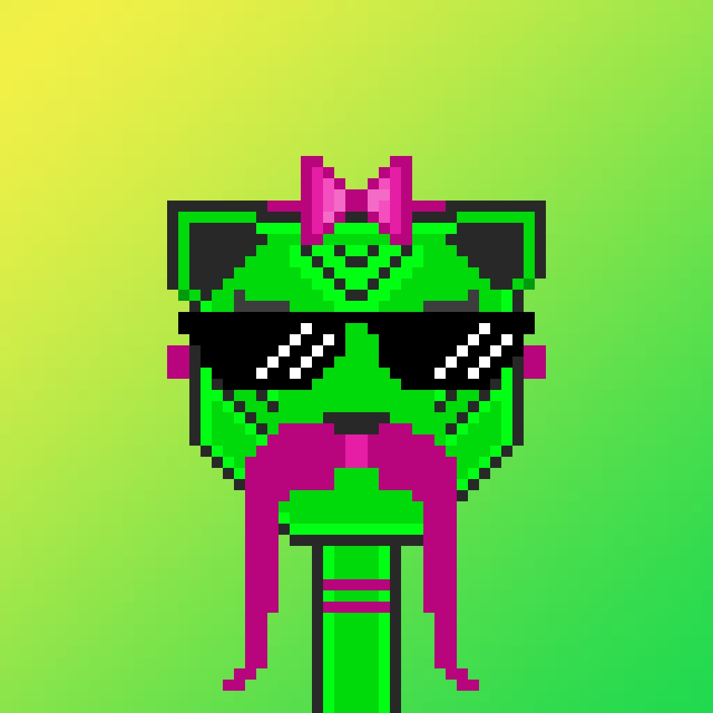 NftAlejandra's tweet photo. NAME: Pixiee The Cat #41/63 SKIN: Green ITEMS: Pink Ribbon, Pink Earrings, Black Thug Life Sunglasses, Pink Moustache BACKGROUND: Yellow, Green UNIQUE: 1/1

Collection  👇 
https://t.co/nTARAFely1 @metatroneDAO 
https://t.co/hzZogg3vQr @tofunft 

#NFT #NFTartist #NFTCollection https://t.co/X0JnkhEp1P