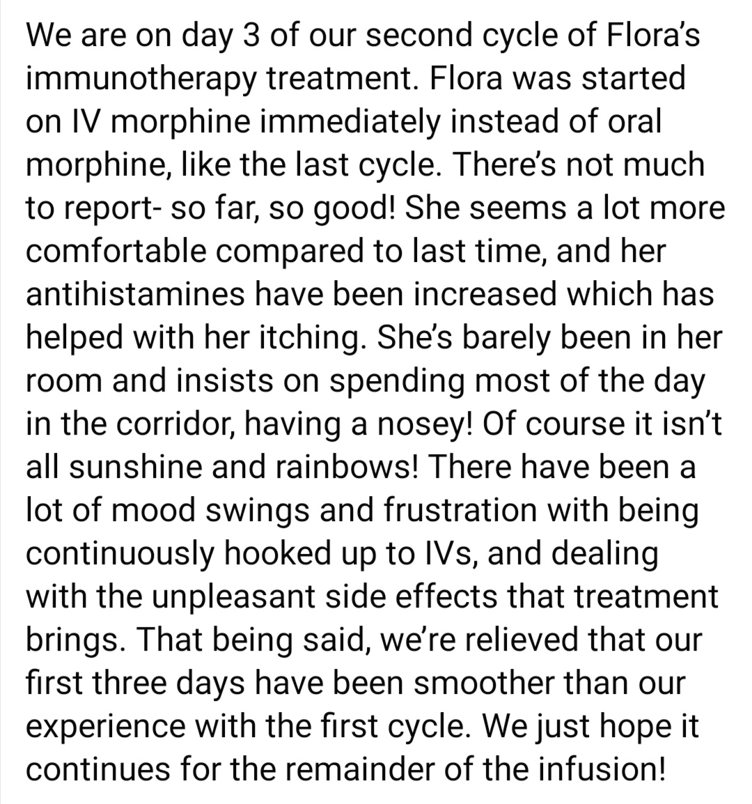 FlorasFight's tweet photo. Day 3 of the second cycle of immunotherapy. https://t.co/2ZcsPkHxZw