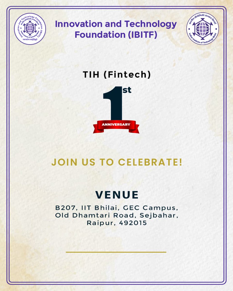 IIT_Bhilai's tweet photo. A special programme is scheduled to be held on Saturday, 26th Feb 2022 to commemorate the first anniversary of IIT Bhilai Innovation and Technology Foundation (IBITF).
#IITBhilai
#IBITF https://t.co/RQnGjojAwZ