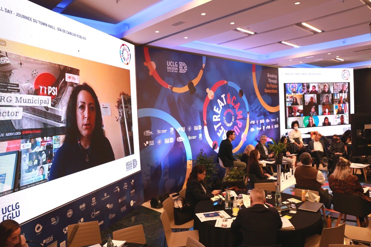 LocalFinances's tweet photo. #LocalFinances, a cross-cutting theme of the @uclg_org Town Halls
Daria Cibrario, @PSIglobalunion, "We need to reclaim the adequate public funding for local public services. The starting point to deliver public services is to recognize care as a human right."
#UCLGMeets https://t.co/Esyz1a3daq