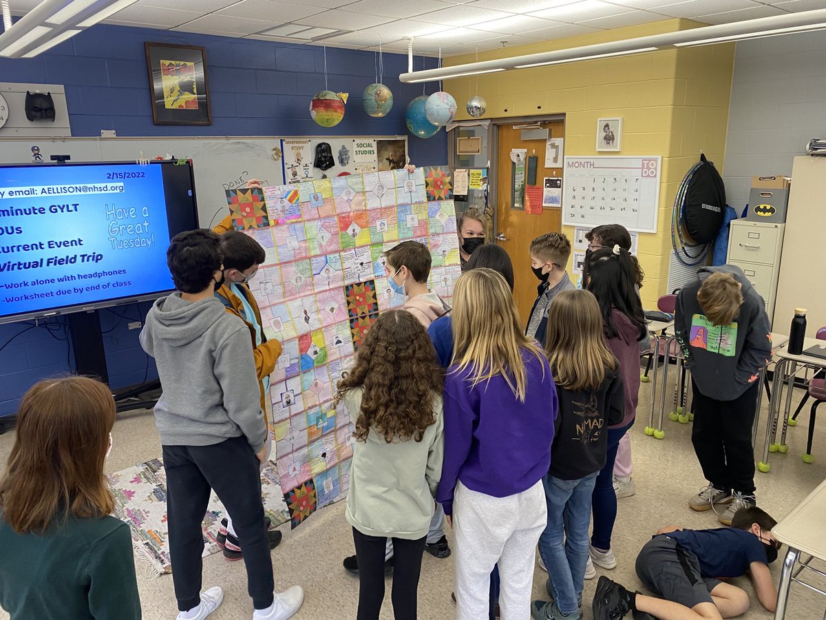 6th graders worked together to create this AMAZING *Quilt of Achievements* to celebrate Black History Month in a lesson by student teacher Mrs. Ellison! Stop by the 6th grade stairwell to check it out! #NHSSD #NHSMS #Keiper6