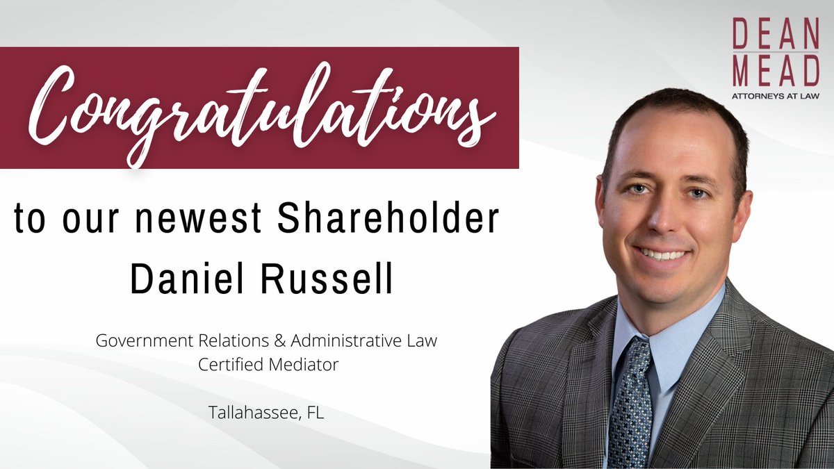 We are excited to announce Daniel Russell is now a shareholder at the firm. Mr. Russell is a member of the firm’s #GovernmentRelations & #AdministrativeLaw Practice Group in the #Tallahassee office. bit.ly/3Hdurva
