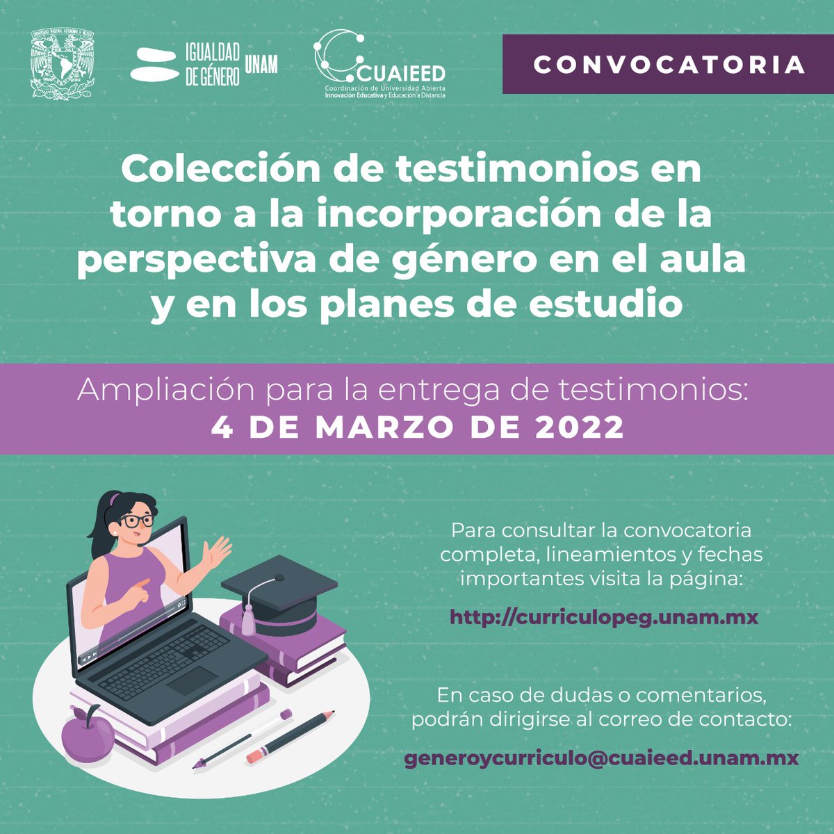 ¿Cómo incorporar la perspectiva de género en el aula y en los planes de estudio? #DocenteUNAM si tienes un testimonio al respecto ¡Es momento de darlo a conocer!

¡Participa en la convocatoria! Recepción de trabajos hasta el 4 de marzo 💜

curriculopeg.unam.mx
