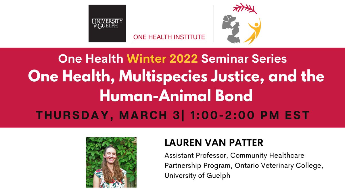 One Health - U of Guelph (@onehealthuofg) on Twitter photo Dr. Lauren Van Patter, Lang Professor in Community & Shelter Medicine <a href="/OntVetCollege/">Ontario Veterinary College</a>, is the next speaker in our #OneHealth seminar series, March 3, 1-2 pm!
Lauren will speak on "One Health, Multispecies Justice, and the Human-Animal Bond."
To register: tinyurl.com/2p8fx8ep Dr. Lauren Van Patter, Lang Professor in Community & Shelter Medicine <a href="/OntVetCollege/">Ontario Veterinary College</a>, is the next speaker in our #OneHealth seminar series, March 3, 1-2 pm!
Lauren will speak on "One Health, Multispecies Justice, and the Human-Animal Bond."
To register: tinyurl.com/2p8fx8ep
