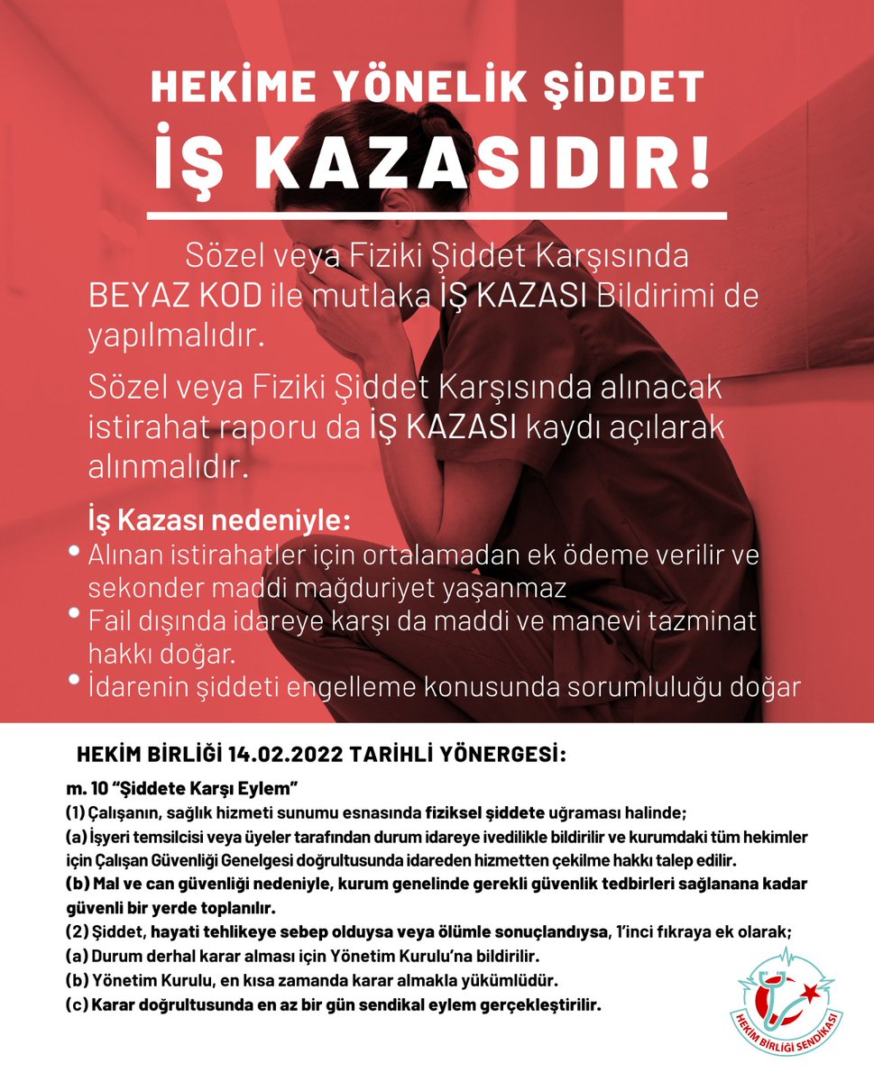 hekim_birligi's tweet photo. Hekime Yönelik Şiddet İş Kazasıdir.
Siddet karsisinda mutlaka is kazasi bildirimi yapilmalidir.
Istirahatler is kazasi kaydi ile duzenlenmelidir.. https://t.co/fqHwJ1oSud