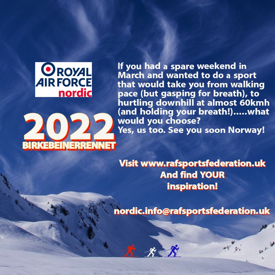 RAFNordic's tweet photo. As Covid restrictions ease, it's time to think of the next challenge! The @Birkebeinern in 🇳🇴 on 19 Mar is just  that. 54km from Rena to Lillehammer, on skinny skis &amp; in stunning scenery! #tsftp #xcski @HQRAFSport @RAFCentralFund @FisWLC https://t.co/dhAY8nBSzc