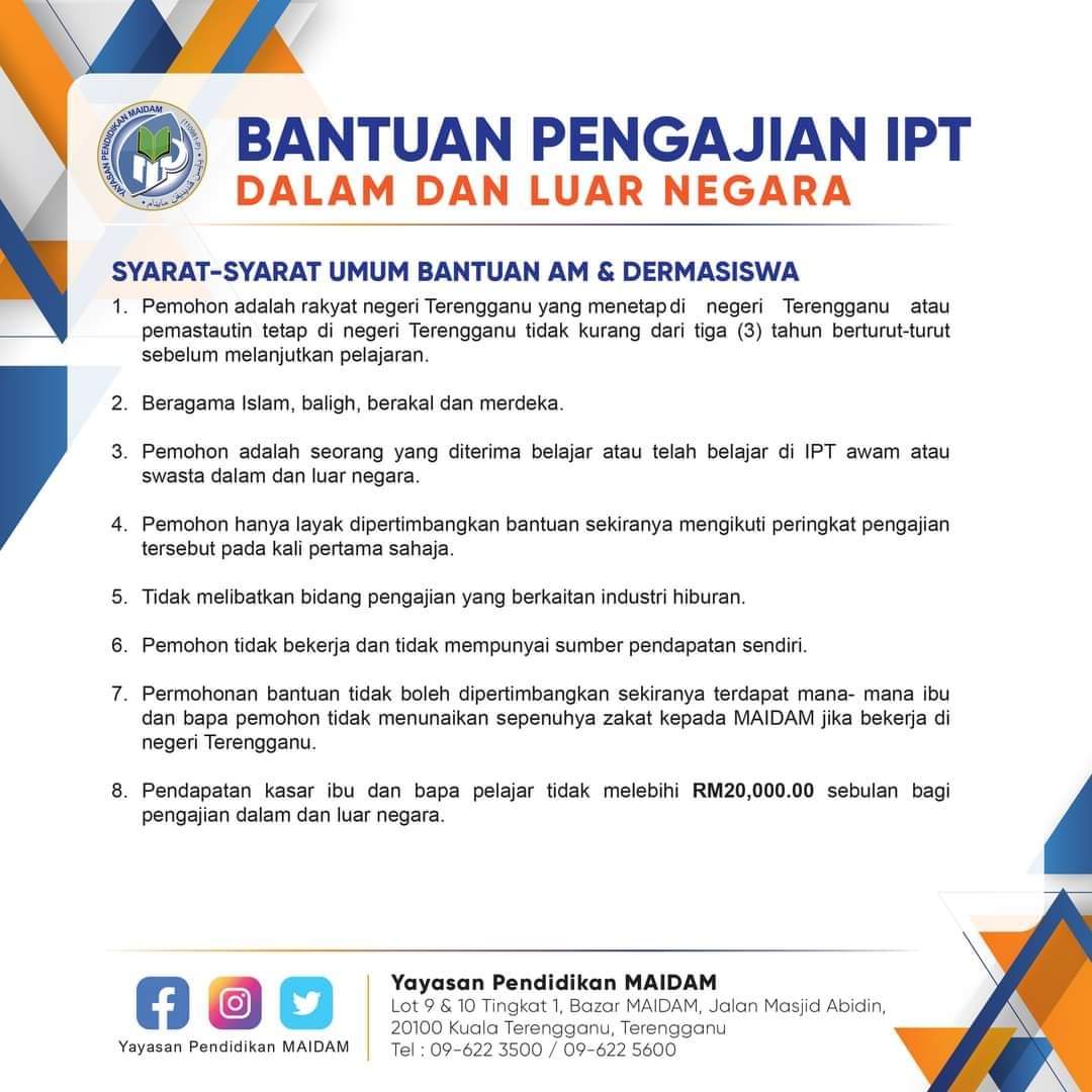 YBCikguWHapandi's tweet photo. 𝐌𝐀𝐊𝐋𝐔𝐌𝐀𝐍 𝐔𝐍𝐓𝐔𝐊 𝐏𝐄𝐋𝐀𝐉𝐀𝐑 𝐓𝐄𝐑𝐄𝐍𝐆𝐆𝐀𝐍𝐔 ‼️
 Bantuan Lanjutan Zakat IPTA/IPTS Dalam &amp; Luar Negara kini telah dibuka.

Untuk memohon, boleh layari laman web berikut :
📌 https://t.co/7HnBZcAtav

Tarikh permohonan dibuka : 
16 Februari sehingga 16 Mei 2022 https://t.co/hPtQ9A3Gu1