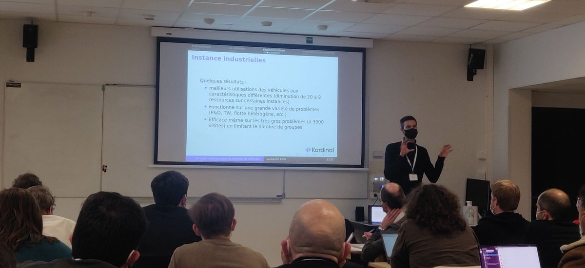 KardinalAI's tweet photo. 👏 Bravo à Guillaume Pinot, Ph.D., R&D Engineer chez Kardinal, qui a eu l'occasion de prendre la parole à la @roadef !
De nombreux spectateurs sont venus assister à sa présentation “Un vaste voisinage pour le problème de tournées de véhicules”
#ROADEF #ROADEF2022 #Research https://t.co/K1uGaXWSbc