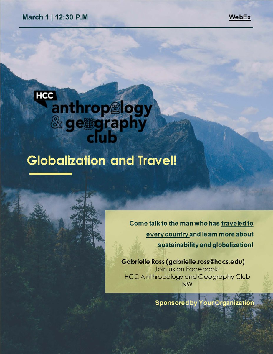 HCCAnthGeog's tweet photo. Our next club meeting is next week, March 1@12:30pm Join us virtually
https://t.co/zbYuguznUD
#geography #anthropology #sustainability #travel https://t.co/7s6NqT5o5c