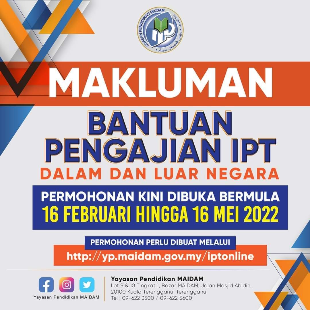 YBCikguWHapandi's tweet photo. 𝐌𝐀𝐊𝐋𝐔𝐌𝐀𝐍 𝐔𝐍𝐓𝐔𝐊 𝐏𝐄𝐋𝐀𝐉𝐀𝐑 𝐓𝐄𝐑𝐄𝐍𝐆𝐆𝐀𝐍𝐔 ‼️
 Bantuan Lanjutan Zakat IPTA/IPTS Dalam &amp; Luar Negara kini telah dibuka.

Untuk memohon, boleh layari laman web berikut :
📌 https://t.co/7HnBZcAtav

Tarikh permohonan dibuka : 
16 Februari sehingga 16 Mei 2022 https://t.co/hPtQ9A3Gu1