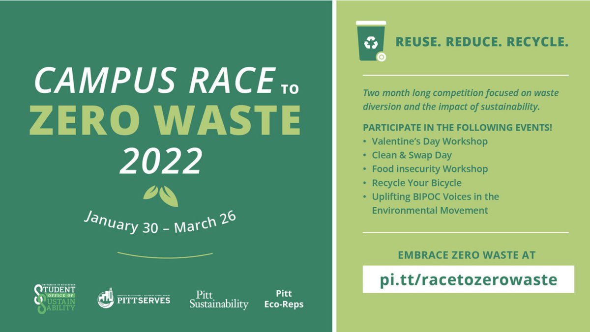 PittStudents's tweet photo. Campus Race to Zero Waste is a two-month program to cut back on the waste produced at Pitt! You can keep up with new events and learn more here: https://t.co/xVq5XNBuNK #H2P #PittNow https://t.co/2aphjhuaue