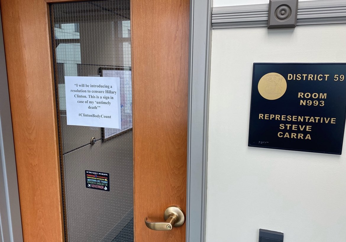 rossjonesWXYZ's tweet photo. This sign is taped to the office door of State Rep. Steve Carra, a Michigan Republican currently running for Congress. https://t.co/I6noh8J7Rq