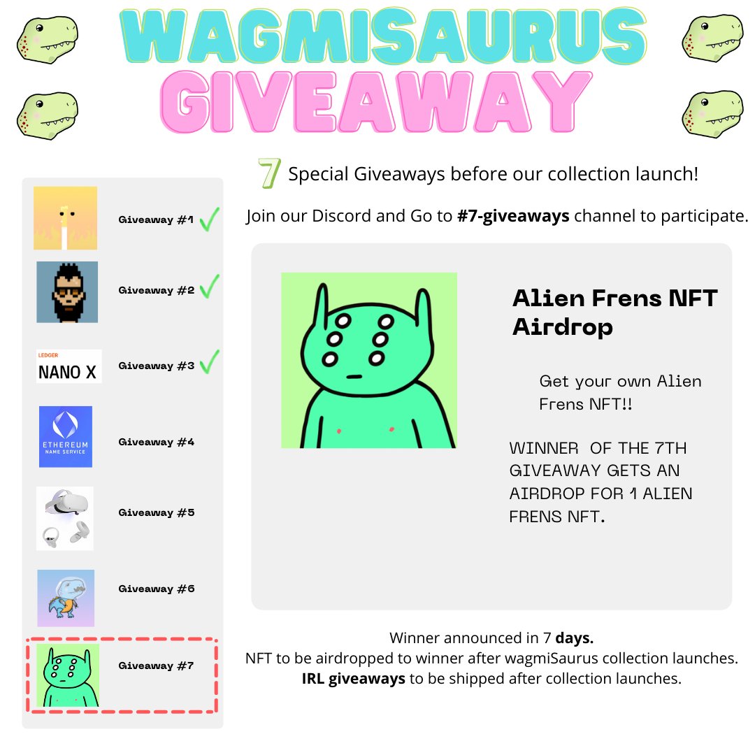 wagmisaurus_nft's tweet photo. 🎁#7 of 7 Giveaway Specials!🎁

Alien Frens NFT AIRDROP 🦖❤️ 👽

To participate:

✅Follow our page!
✅Like and RT this post!
✅Join Discord -> Go to Channel #7-Giveaways and Click "Enter"
✅Tag a Friend!

Rules and Details about the Giveaway are located in our Discord!! https://t.co/FnhqSLi0FJ