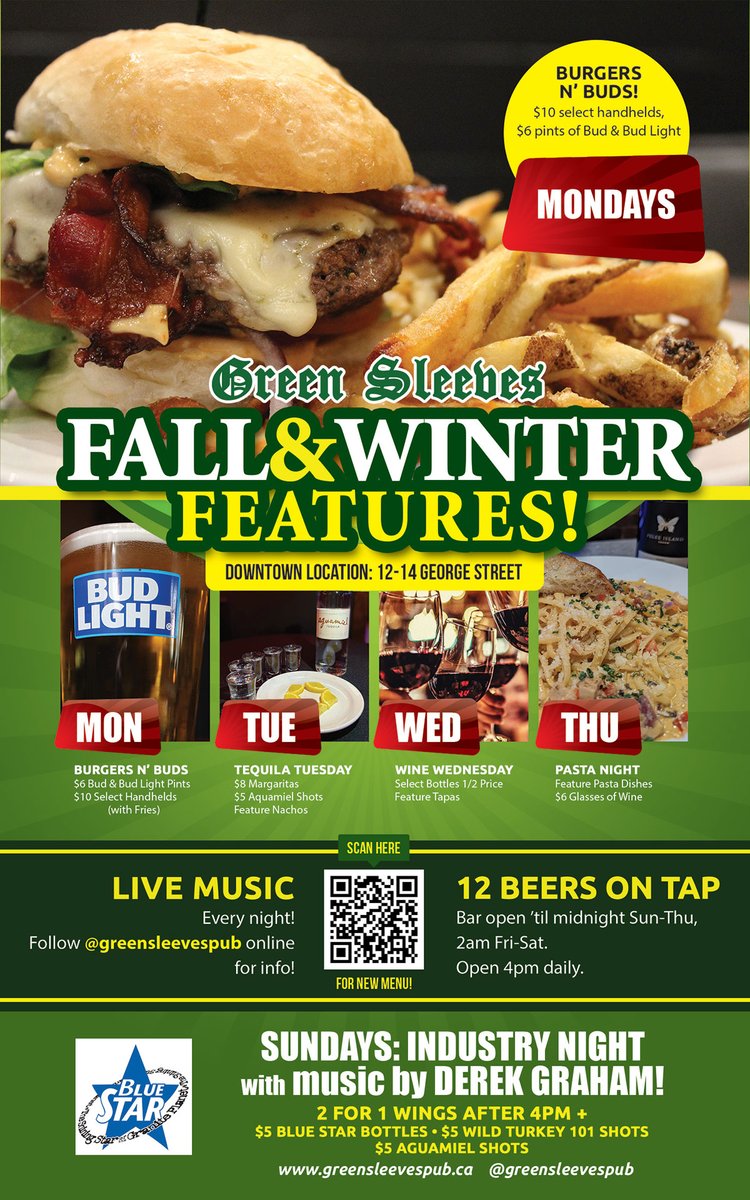 Join us tonight for featured #tapas and 1/2 price select bottles of wine! 

Nick Earle is onstage 6-10, Dave White 10-2.

For takeout/delivery (starting 4pm): greensleevespub.ca