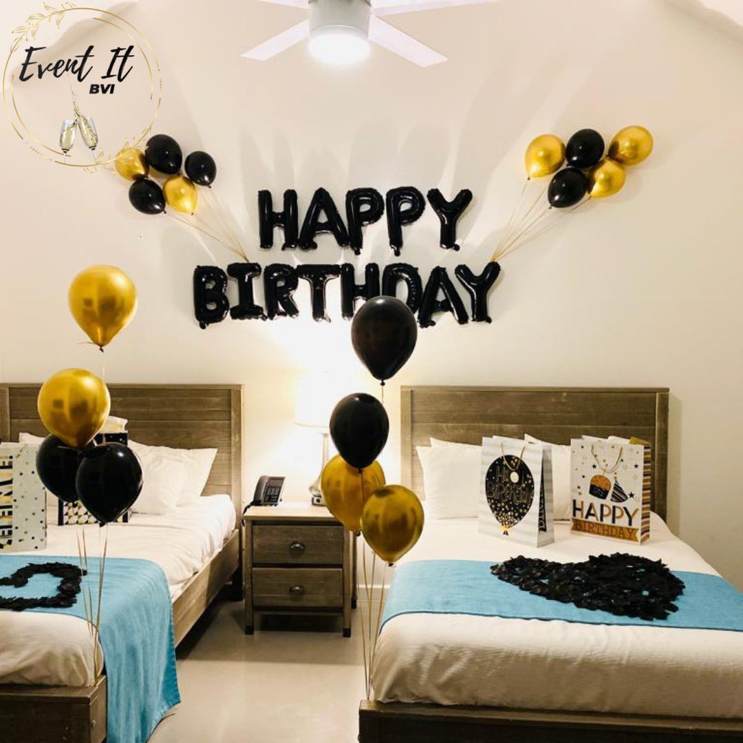 eventitbvi's tweet photo. It's #CreativeWednesday !

The #EventItBVI team shows our decorating skills with this surprise birthday hotel room set up. 

Follow us on Instagram:
@eventitbvi

Feel the #EventItBVIExperienece.
#Balloons #HappyBirthday #blackandgold #hotelroom #surprise https://t.co/cLQBk1iqx5