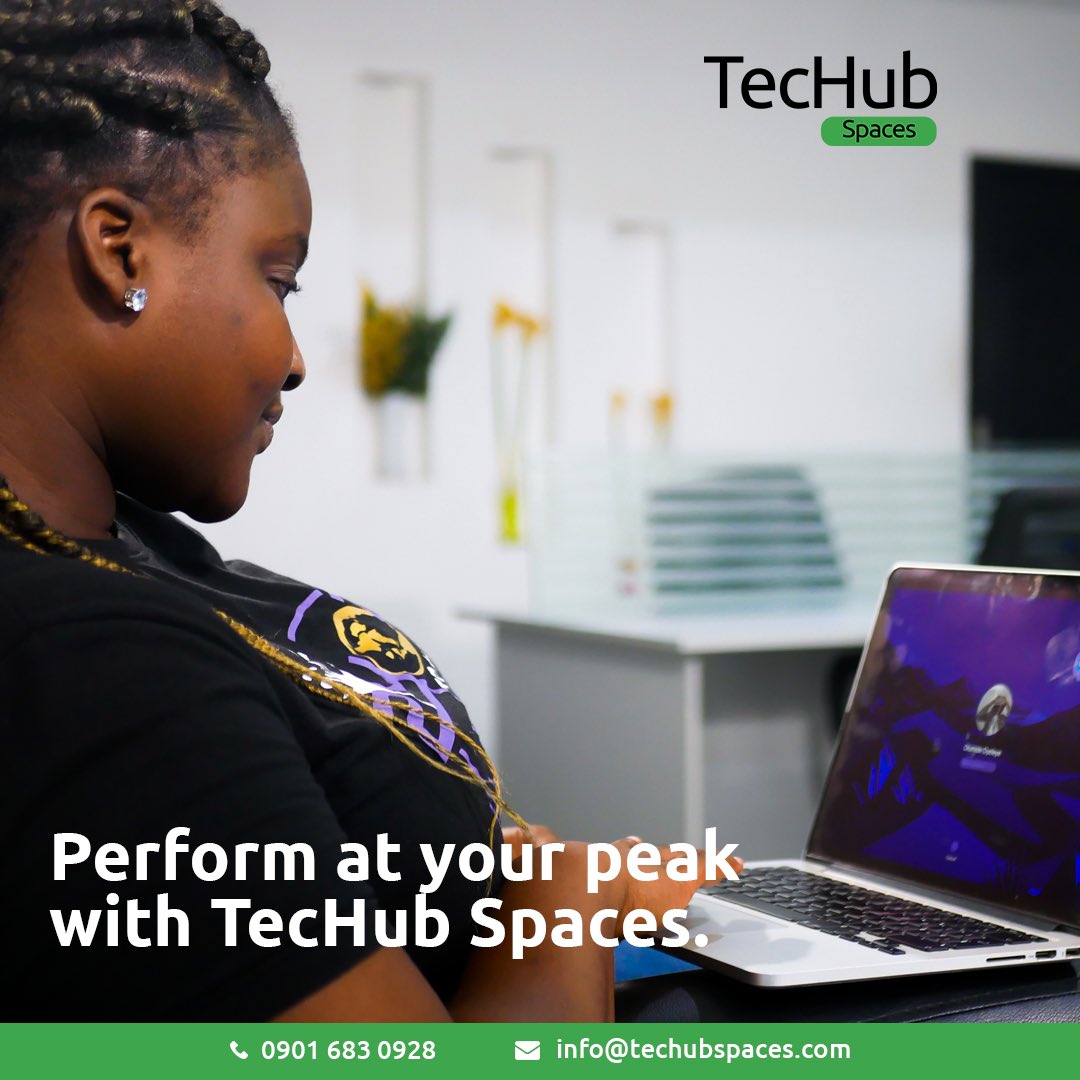 techubspaces's tweet image. Perform at your peak with TecHub Spaces.

#workspace #techubspaces #coworkingspace #lagos #ikeja #workingspace #freelancers #remotework #remotejobs #remoteworklife #startup #entrepreneur #ideas #community