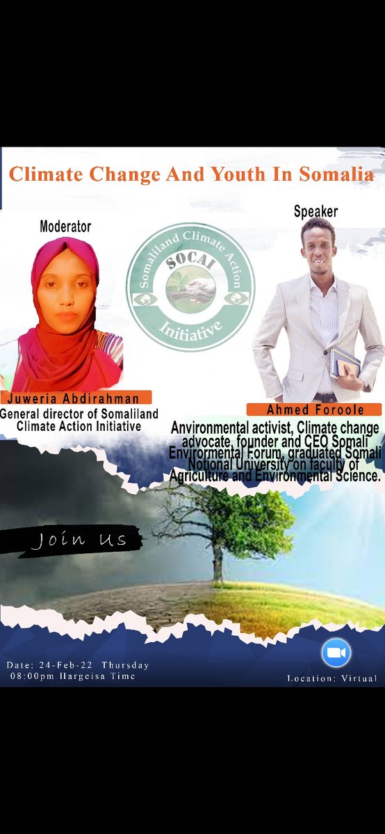 SLclimateAction's tweet photo. Somaliland climate action initiative is inviting you to a scheduled Zoom meeting.
Topic: Role of youth on climate change
Time: Feb 24, 2022 08:00 PM Hargeisa
Join Zoom Meeting
https://t.co/y6G8XR2GJM
Meeting ID: 237 484 2121
Passcode: Xj9hnS
#TogetherForOurPlanet🌍
#SOCAI💚 https://t.co/pativj2LZ9