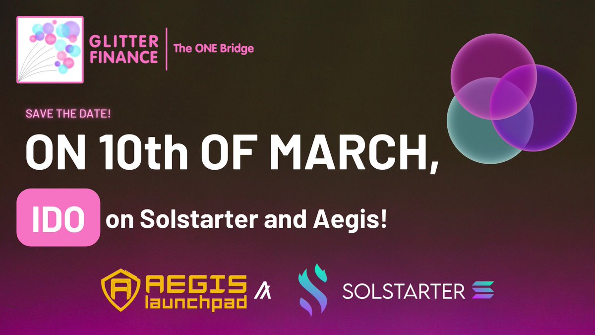 dynamicfinance_'s tweet photo. ✨Glitter Finance will be having an IDO on Solstarter and Aegis Launchpad!✨

🗓️When: March 10th
📍Where: 
🔗https://t.co/gj6Xc2Ci9x
🔗https://t.co/rz2TkXp2CS

#GlitterFinance #IDO #Solstarter @solstarterorg #Aegis #Algorand #ALGO #SOL #Solana @AegisLaunchpad https://t.co/M7MzOgV3l6