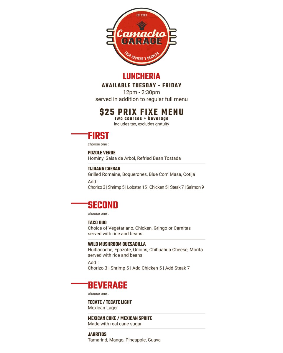 camachogarage's tweet photo. Join us for our two course lunch special with a drink for just $25. Later tonight:  Restaurant Workers &amp; First Responders Industry Night, every Wednesday from 9pm-close.Get 10% off your food tab, $6 Pacifico 18oz, $8 La Gritona Shots, and $4 Hoot Seltzers.🍺 #camachogarage https://t.co/wKZTXeckq7