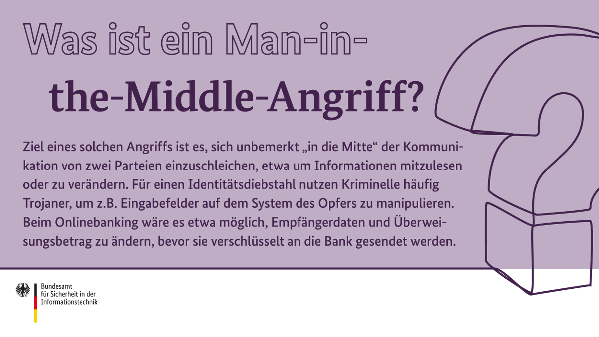 Man-in-the-Middle-Angriffe sind oft schwer zu entdecken und meist sehr effektiv, da viele diese Gefahr gar nicht kennen. Ein #VPN, ein Virtual Private Network, kann helfen, solche Angriffe zu verhindern, indem es die Kommunikation verschlüsselt. 🔑
#DeutschlandDigitalSicherBSI