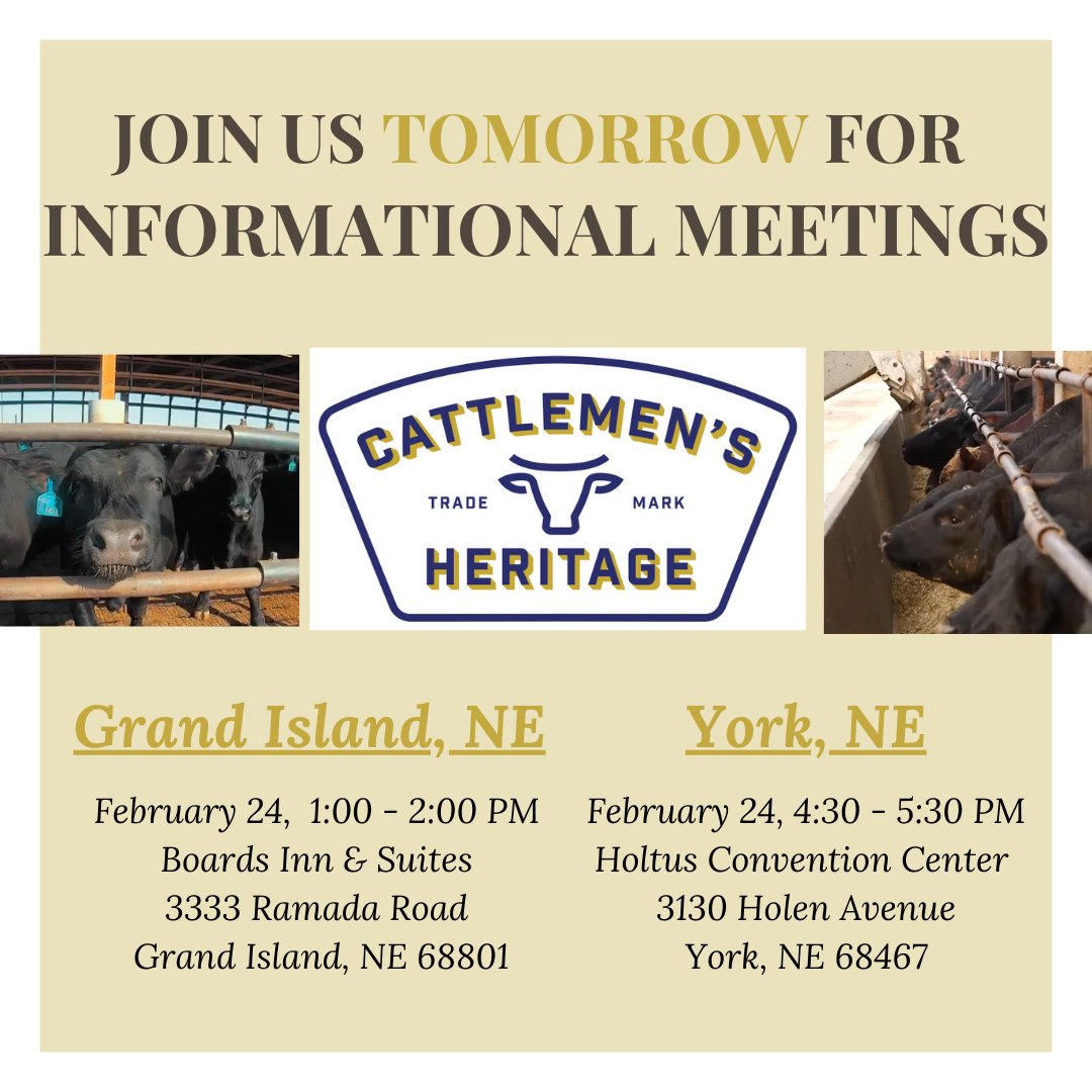 TenCorpInc's tweet photo. Cattlemen's Heritage is back in Nebraska tomorrow to talk about plans to construct a $325-million, 1500-head-per-day processing facility in Mills County, IA &amp; how it will benefit Nebraska. They'll be in Grand Island at 2 PM &amp; York at 4:30 PM so be sure to stop by! https://t.co/hG1SZ9u3to