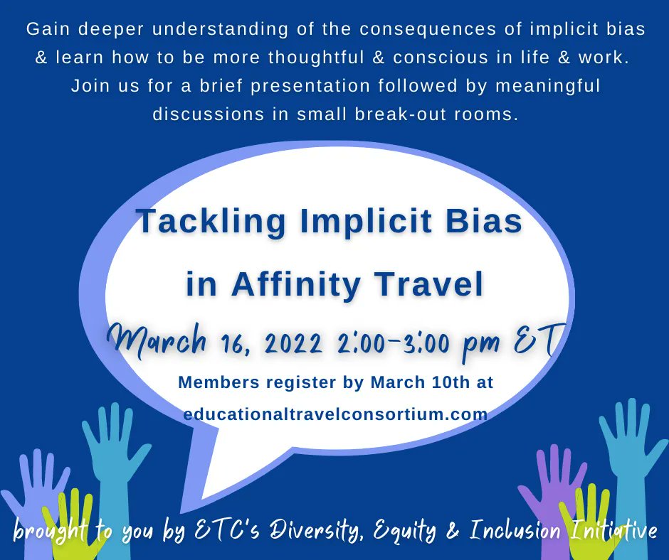 TraveLearning's tweet photo. Gain deeper understanding of the consequences of implicit bias &amp; be more conscious in your everyday life. Brief presentation will be followed by meaningful break-out discussions. Register https://t.co/iQZRMHvGsi by Mar 10.
#dei #implicitbias #educationaltravel #tourism https://t.co/eLjG0eRGTo