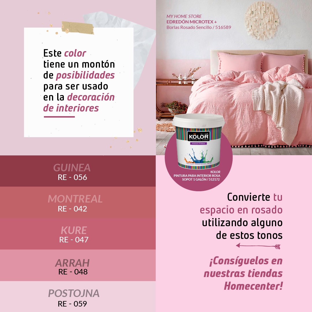 Homecenter_co's tweet photo. Celebra con nosotros el día del color rosado 💖, un color que tiene un montón de posibilidades --> https://t.co/kKihCPRdWQ para ser utilizado en la decoración de interiores🏡. Cuéntanos si ya lo utilizas y te encanta 🙋🏻♀️🙋🏻.
#Homecenter #DecoIdeas #ColorRosado https://t.co/L8ayuIHlTb