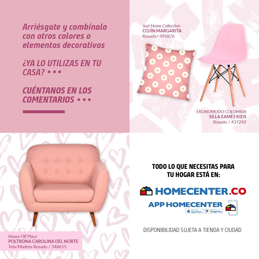 Homecenter_co's tweet photo. Celebra con nosotros el día del color rosado 💖, un color que tiene un montón de posibilidades --> https://t.co/kKihCPRdWQ para ser utilizado en la decoración de interiores🏡. Cuéntanos si ya lo utilizas y te encanta 🙋🏻♀️🙋🏻.
#Homecenter #DecoIdeas #ColorRosado https://t.co/L8ayuIHlTb