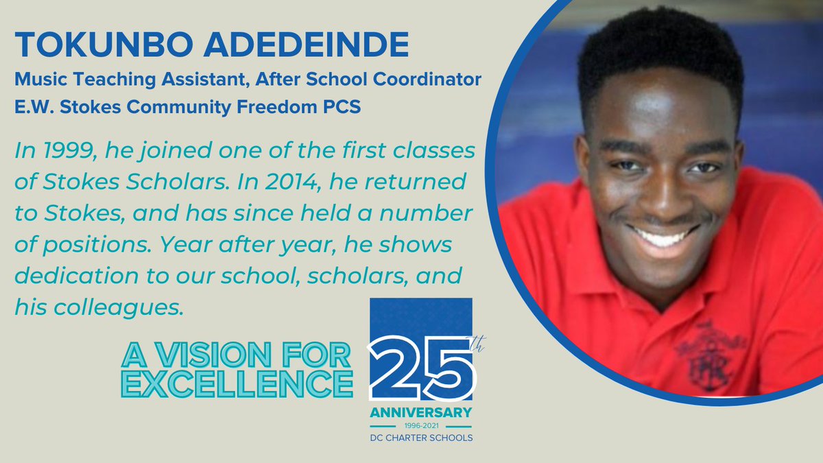 DC_Charters's tweet photo. Meet Tokunbo of @EWStokesPCS! In 1999, he joined one of the first classes of Stokes Scholars. In 2014, he returned to Stokes, and has since held a number of positions. Year after year, he shows dedication to our school, scholars, and his colleagues. #AVisionforExcellence https://t.co/MtWX6WoQxA