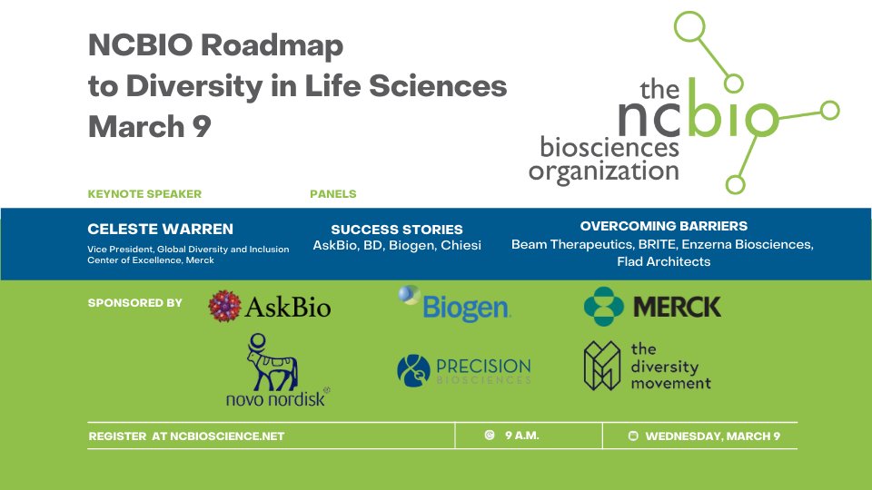 NCLifeSci's tweet photo. The NCBIO Roadmap to Diversity in the Life Sciences event March 9 will feature a Success Stories panel of Drew Duncan @biogen Sheila Mikhail @ask_bio Erica Paine @ChiesiUSAInc Nicole Thompson @BDandCo #DEI #diversity https://t.co/Xf8M7x0IC8 https://t.co/eSEEKk73st